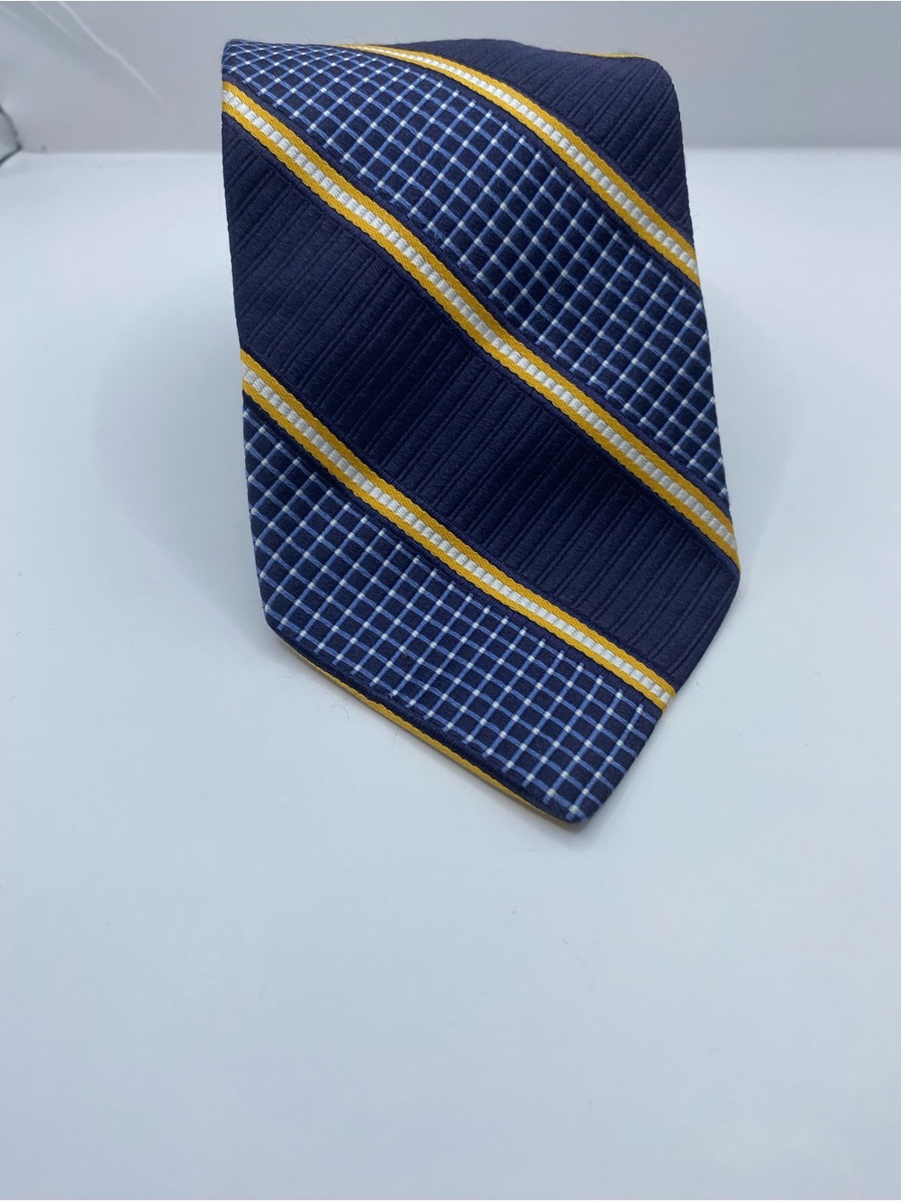 Faconnable Navy Blue Tie with Yellow and White Diagonal Stripes